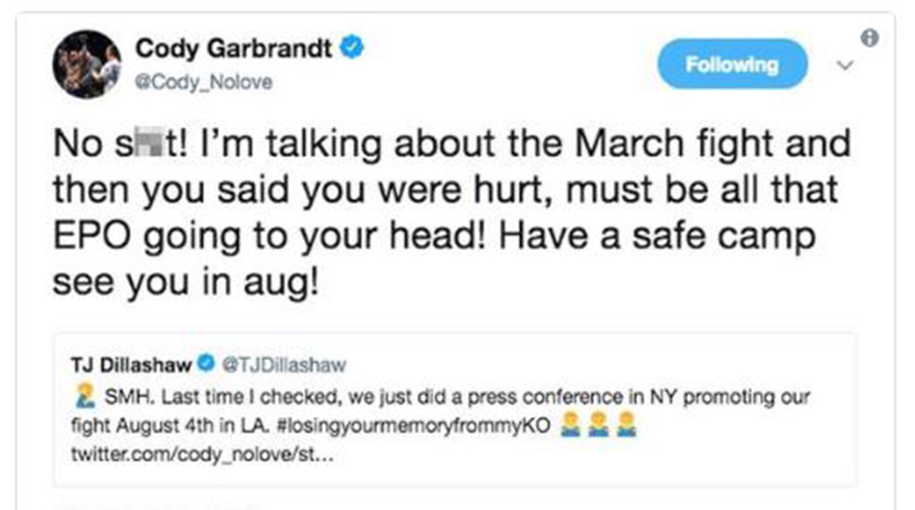 Cody Garbrandt phang TJ Dillashaw thẳng tay trên Twitter sau vụ chất cấm Cody Garbrandt phang TJ Dillashaw thẳng tay trên Twitter sau vụ chất cấm
